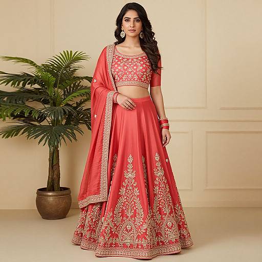 Photograph of a South Asian woman in a vibrant red traditional lehenga with gold embroidery, matching crop top, and jewelry, standing against a cream-colored