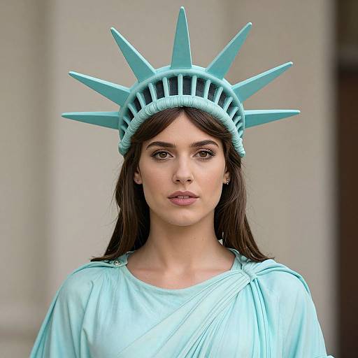 Photograph of a young woman with long brown hair, wearing a turquoise Statue of Liberty crown and matching dress, against a blurred beige background.