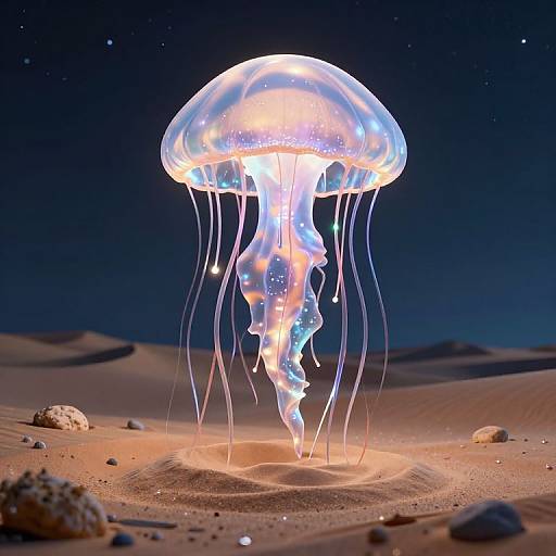Photograph of a glowing, translucent jellyfish with long, trailing tentacles floating above a sandy desert under a starry night sky.
