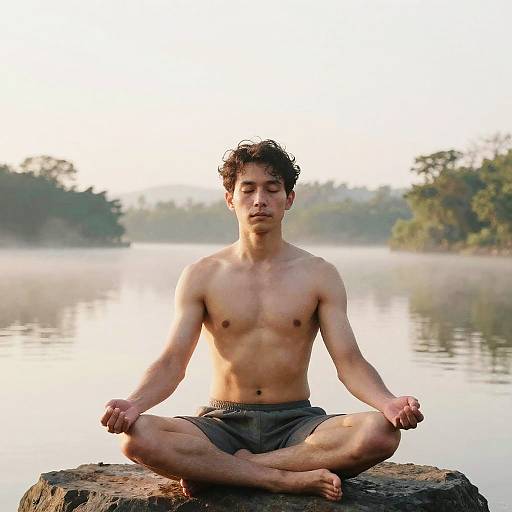 Serene Man Meditating by Lake
