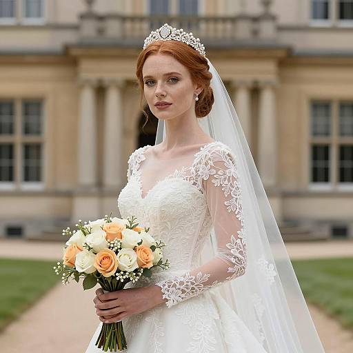 Elegant Bride in Lace Wedding Dress with Bouquet