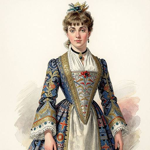 Digital illustration of a Victorian-era woman in an ornate, colorful dress with intricate patterns, lace, and a decorative corset, standing against a white