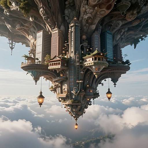 Fantastical floating cityscape in digital art style, featuring ornate buildings with lanterns, hanging from a rocky cliff, surrounded by clouds and sky