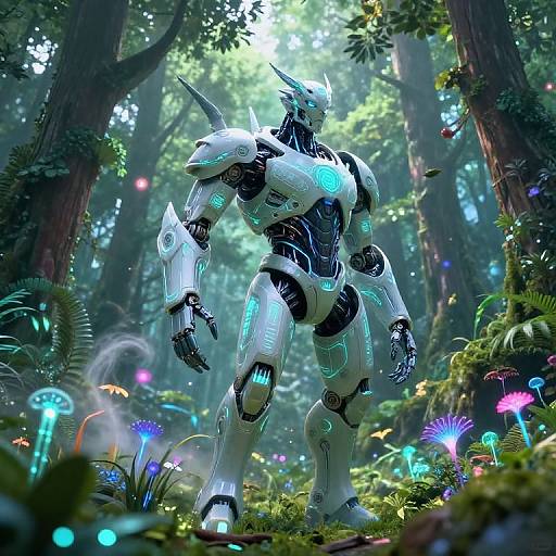 Digitally rendered futuristic robot with glowing blue accents stands in a vibrant, mystical forest filled with luminescent mushrooms and foliage.