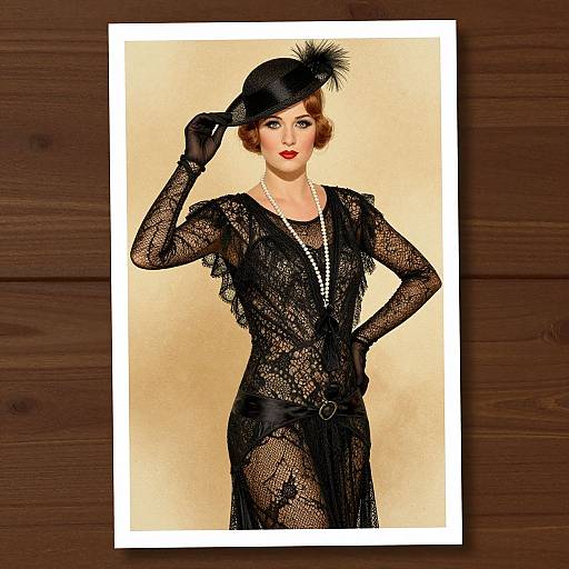 Vintage photograph of a woman in a black lace flapper dress, black gloves, pearl necklace, and black hat with feather, standing against a beige background