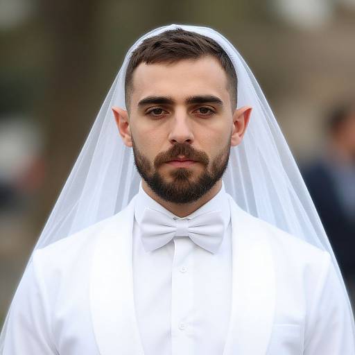 Photograph of a bearded man with short brown hair, wearing a white bow tie and veil, staring directly into the camera. Blurred outdoor background