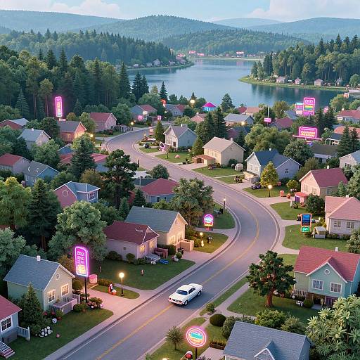 Aerial photograph of a small, illuminated suburban town with neon signs, curving road, houses with red roofs, and a lake surrounded by forested