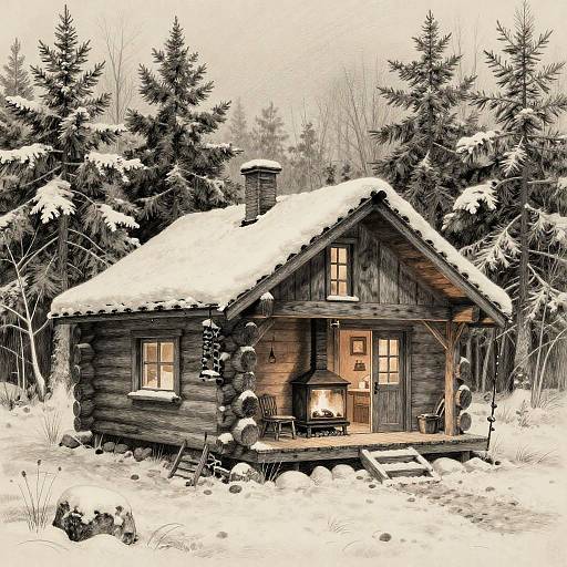 Cozy Snowy Log Cabin Sketch
