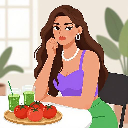 Digital illustration of a brunette woman with long hair, wearing a purple top, green skirt, white pearl necklace, and hoop earrings, sitting at a table