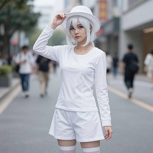 Photograph of an anime-style cosplayer with white hair, wearing a white hat, long-sleeve shirt, shorts, and thigh-high socks,