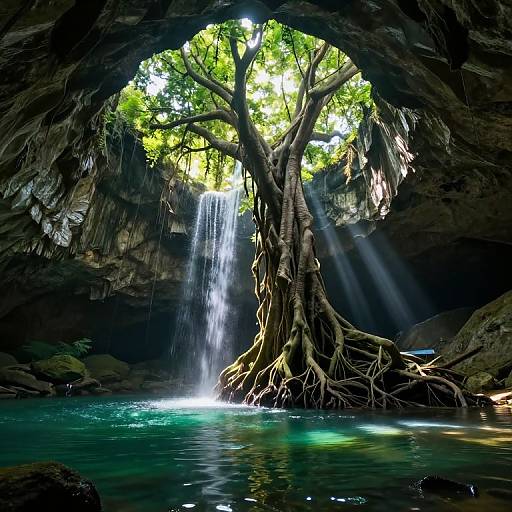 Photograph of a large tree with sprawling roots, standing in a cave, with sunlight streaming through the opening, creating rays. Water cascades down from