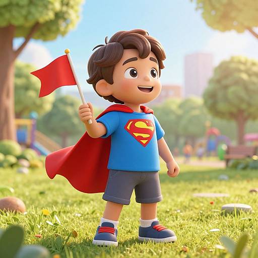 CGI image of a smiling young boy with brown hair, wearing a blue Superman shirt, red cape, and holding a red flag, standing on a