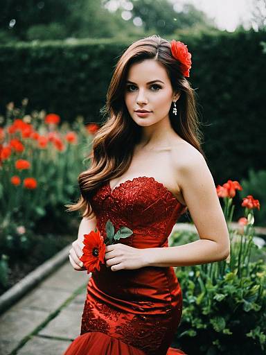 Woman in Red Mermaid Wedding Dress in Garden