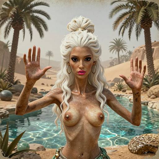 Digital artwork of a topless, white-haired woman with large breasts, hoop earrings, and sandy skin, hands raised, palms facing forward, in a
