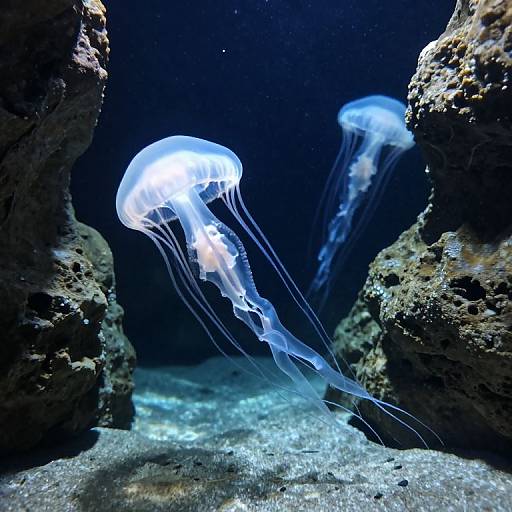 Bioluminescent Jellyfish in Underwater Cavern