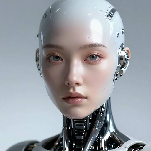 Photorealistic CGI of a young, androgynous, silver robotic human with smooth, reflective skin, blue eyes, and black mechanical neck,