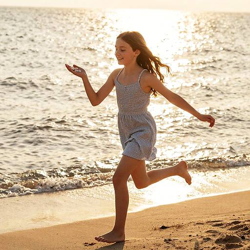 Carefree Girl Running on Sunlit Beach