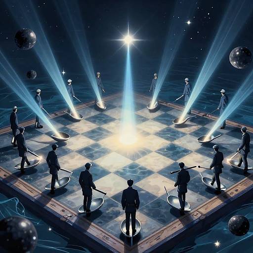 Digital art of silhouetted musicians in space, playing instruments on a glowing chessboard stage, surrounded by starry background and bright beams of light