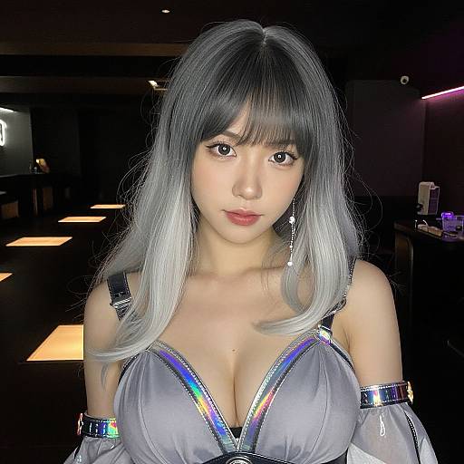 Photograph of an Asian woman with long, gray-to-silver ombre hair, wearing a silver, off-shoulder top with rainbow ir