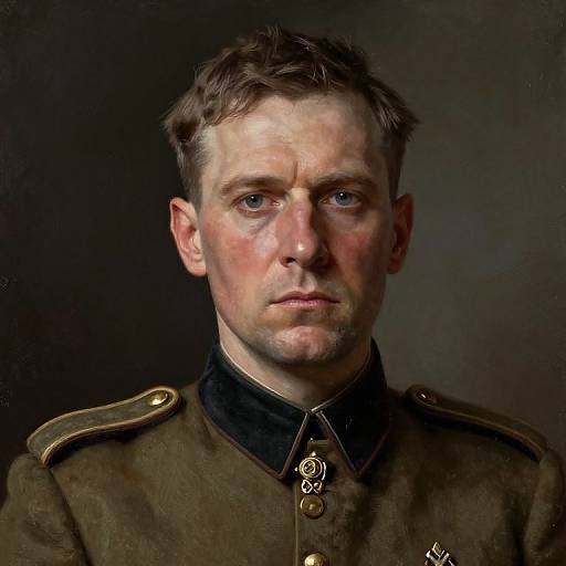 Photorealistic portrait of a serious, blue-eyed Caucasian man with short brown hair, wearing a military uniform with gold epaulettes and black collar