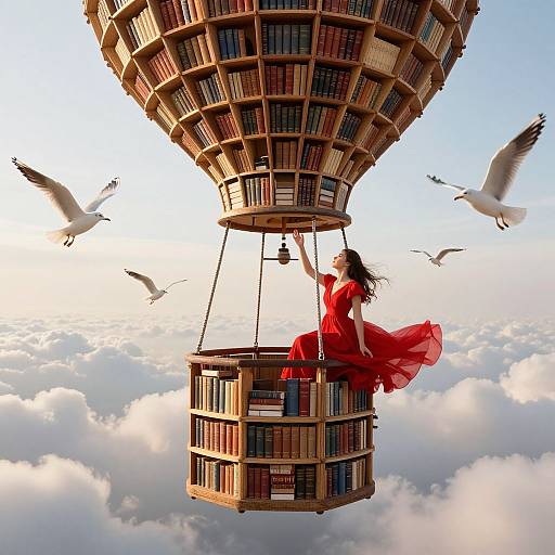 Photograph of a woman with flowing red dress, black hair, floating above clouds in a book-filled hot air balloon, surrounded by flying birds.