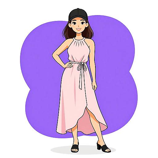 Digital illustration of a confident Asian woman with shoulder-length brown hair, wearing a pink, sleeveless, knee-length dress, black cap, and sandals,