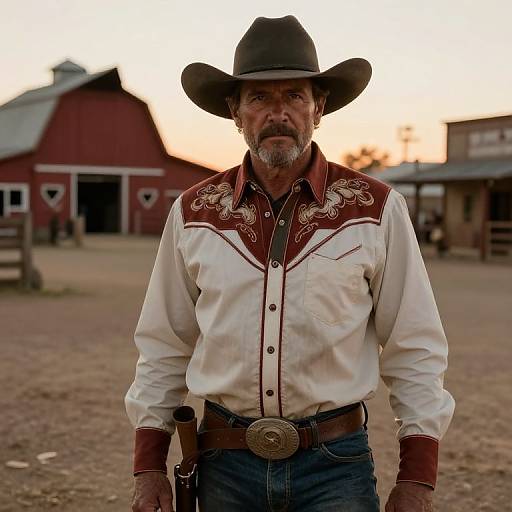 Photograph of an older white cowboy with a gray beard, wearing a brown cowboy hat and white, embroidered shirt, standing in front of a red barn