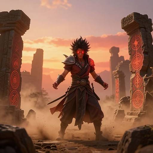 Digital art of a fierce, red-eyed warrior with spiky black hair and dark armor, standing amidst ancient, glowing red ruins at sunset. Dust clouds