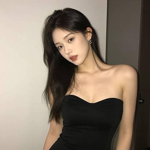 Photograph of an Asian woman with long black hair, wearing a strapless black dress, standing against a white and dark background.