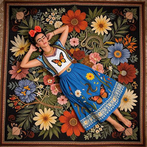 Photograph of a woman with dark hair, red flower headband, white crop top with butterfly, blue skirt with butterfly patterns, lying on vibrant floral