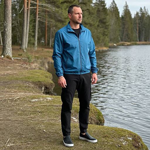 Photograph of a fit, fair-skinned man with short dark hair, wearing a blue jacket, black pants, and black sneakers, standing by a
