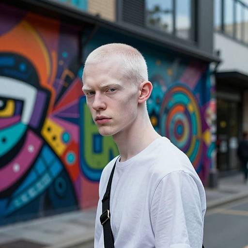 Photograph of a pale-skinned, bald, androgynous person with a serious expression, wearing a white shirt and black strap, standing in