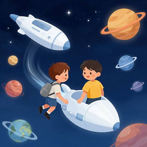Two Boys Exploring Space in Toy Spaceships