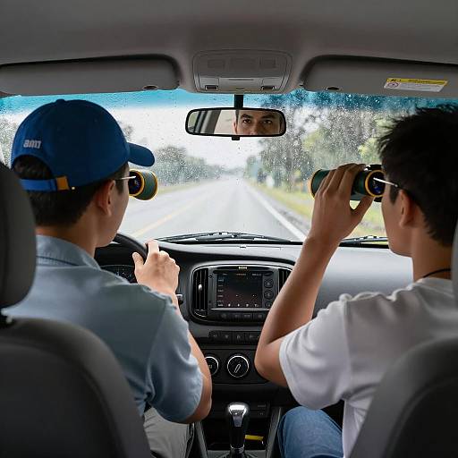 Three Men in a Rainy Car Scene