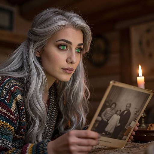 Photorealistic CGI of a silver-haired woman with green eyes, holding a vintage black-and-white family photo, candlelit wooden room background.