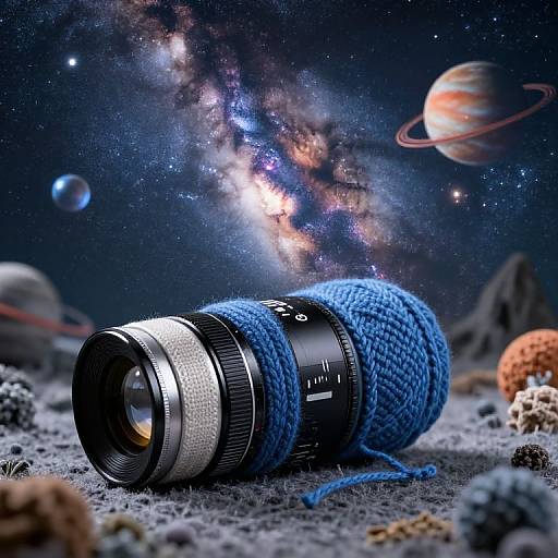 Photograph of a blue-knitted camera lens lying on a cosmic, starry landscape with planets, galaxies, and asteroids in the background.