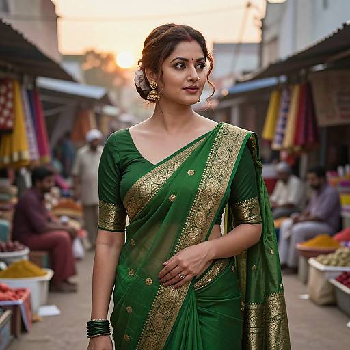Photograph of a beautiful Indian woman in a green and gold sari, standing confidently in a bustling market at sunset.