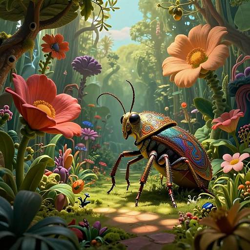 Vibrant CGI illustration of a colorful, detailed beetle standing on a sunlit forest path surrounded by lush, multicolored flowers.