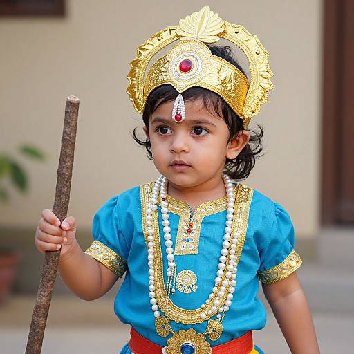 Photograph of a young Indian child in traditional attire, wearing a gold headdress with a red gem, blue shirt with gold trim, white beads,