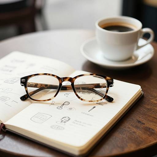 Photograph of tortoiseshell glasses on an open notebook, with a white cup of black coffee on a wooden table.