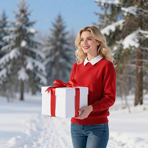 Woman Holding Christmas Gift in Snowy Forest