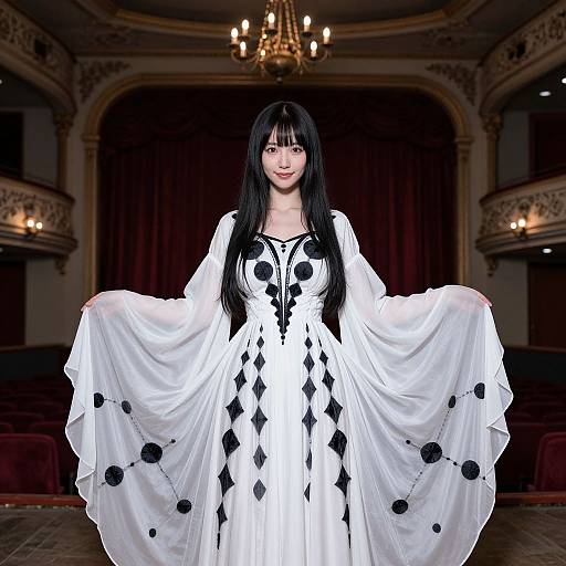 Photograph of an Asian woman with long black hair, wearing a white, black-patterned dress, holding out its wide sleeves, in an ornate