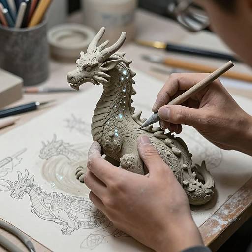 Photograph of hands sculpting a detailed, glowing dragon on paper, surrounded by pencils, paintbrushes, and a ceramic cup in a cluttered