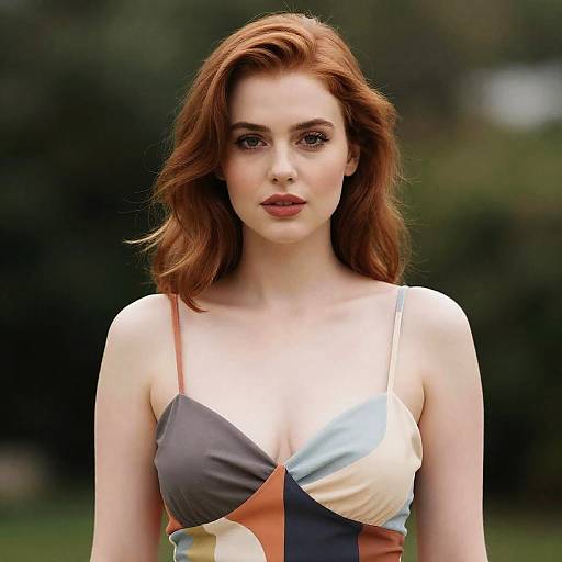 Photograph of a fair-skinned, red-haired woman with wavy hair, wearing a colorful, geometric-patterned, sleeveless dress, standing outdoors