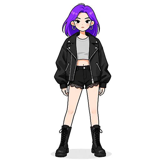 Digital anime-style drawing of a purple-haired girl with pale skin, wearing a black leather jacket, white crop top, black lace-trimmed shorts,