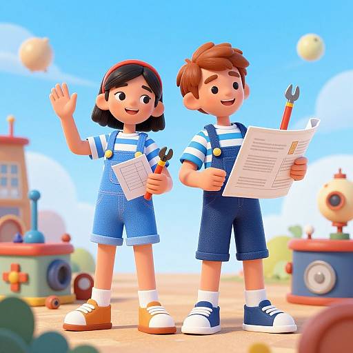 Cartoon-style image of a smiling boy and girl in blue overalls, holding wrenches and papers, waving against a bright, colorful playground background with