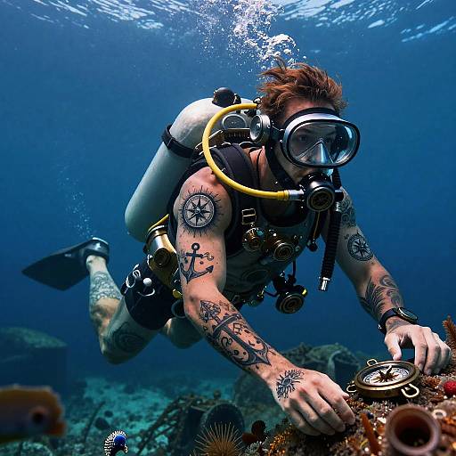Steampunk Diver Exploring Underwater Wreck