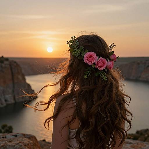 Photograph of a woman with long, wavy brown hair adorned with pink roses and greenery, silhouetted against a sunset over a coastal