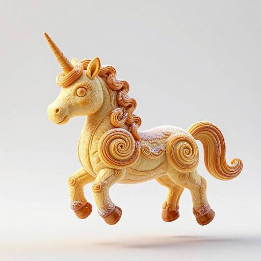 Photograph of a colorful, intricately carved wooden unicorn figurine with swirl patterns, golden-orange hues, a spiraled horn, and a flowing mane
