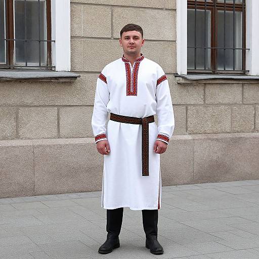 Photograph of a young man with short brown hair, wearing a white long-sleeve traditional outfit with red and black embroidery, black pants, and